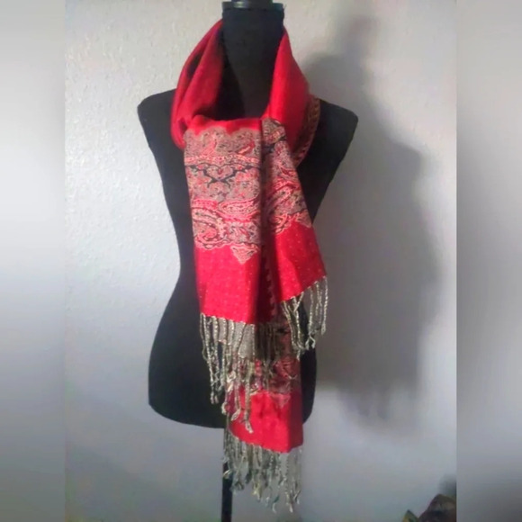 Pashmina silk blend Shawl Scarf Wrap red Tassels ethnic Bohemian luxury - Picture 1 of 6